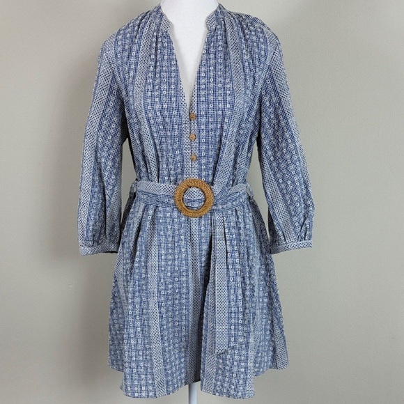 Zara Crochet Daisy Blue & White Gingham Rattan Belted Mini Dress - Picture 5 of 12